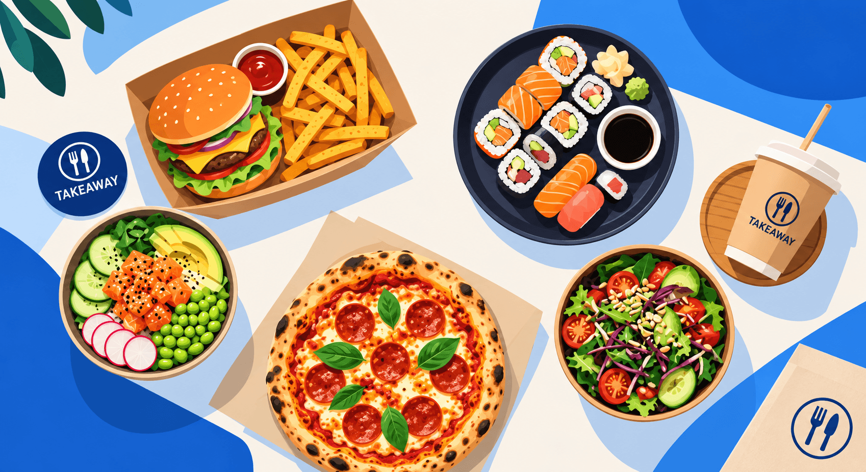 Hamborgari, pizza, sushi og salöt í Takeaway umbúðum